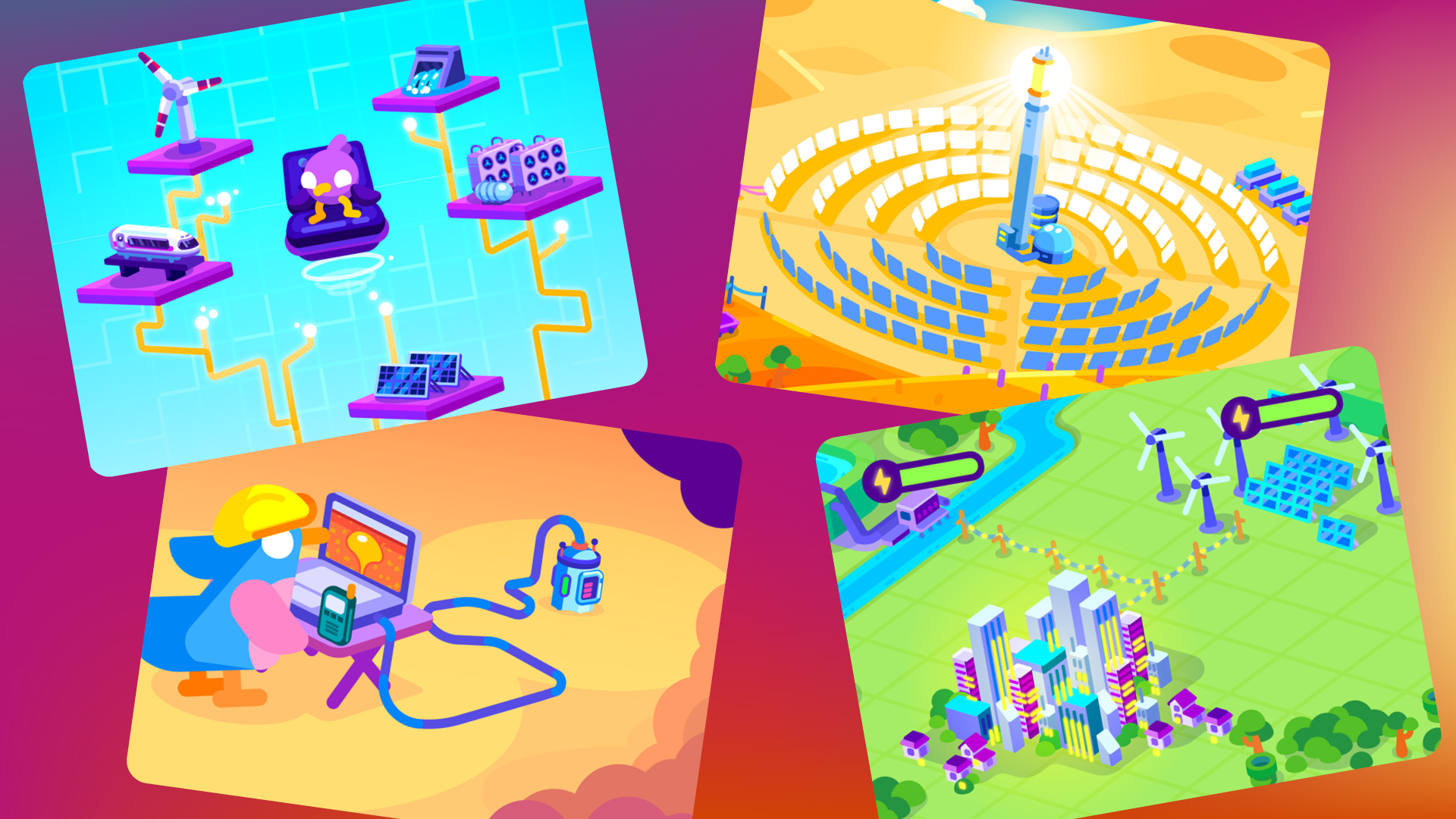 Vier Illustrationen, die unterschiedliche Aspekte von Energieversorgung darstellen.