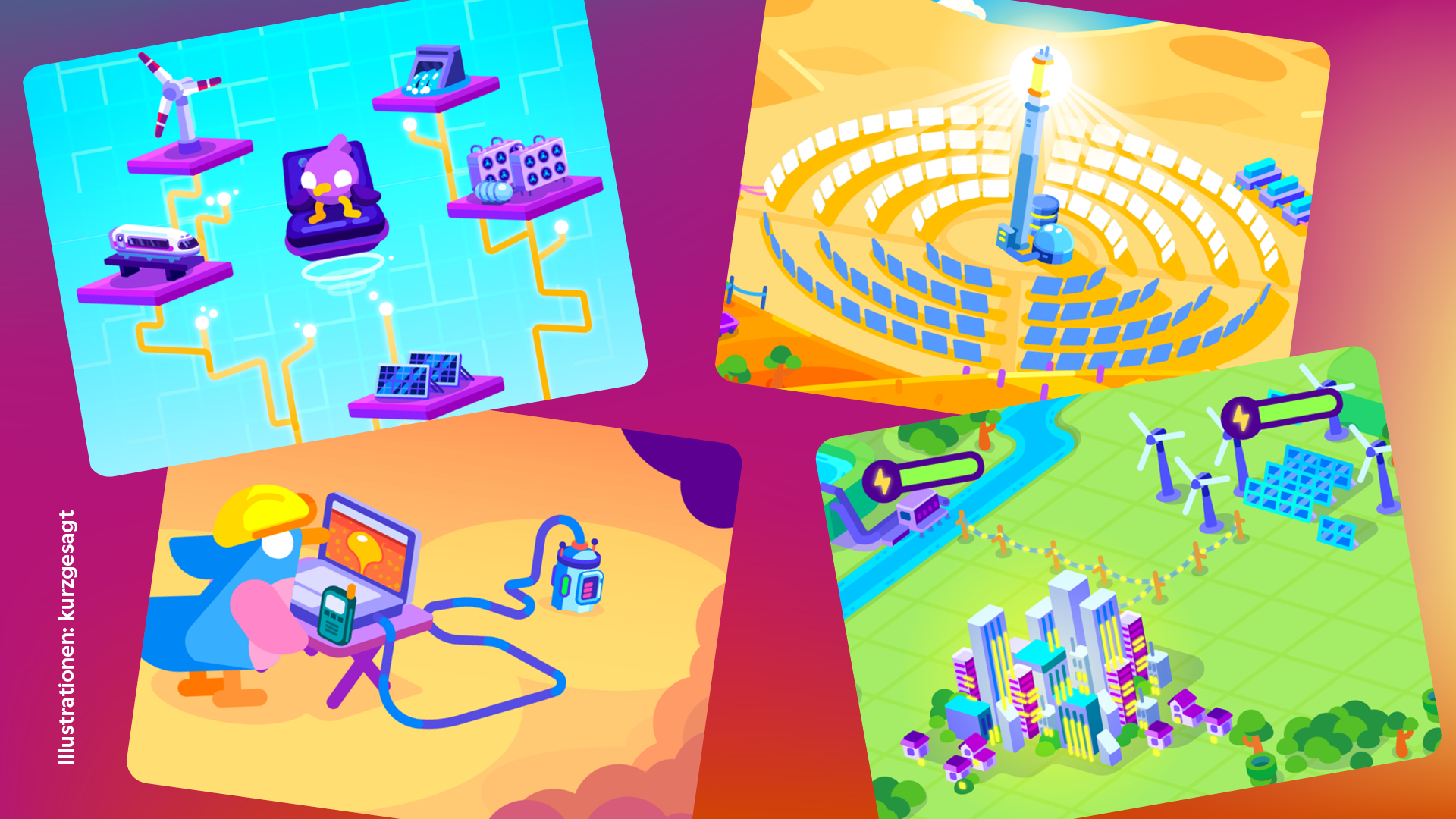 Vier Illustrationen, die unterschiedliche Aspekte von Energieversorgung darstellen.
